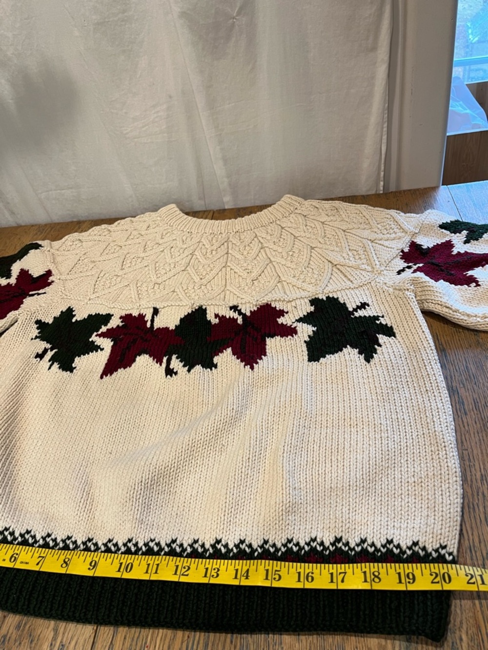HANDMADE Cream Leaf Pattern Knit Sweater L/XL - Picture 11 of 12